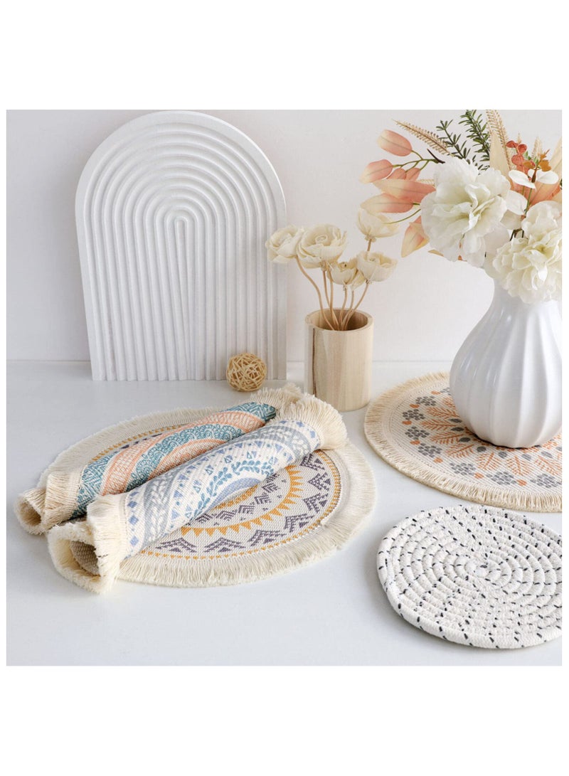 SYOSI 4 قطع مواد مائدة دائرية، حصائر طاولة، حصائر قطنية، حصائر قابلة للغسل مصنوعة من نسج، حصائر دائرية مقاومة للحرارة بتصميم بوهيمي مع خيوط للزينة لتزيين المنزل في المطبخ، تناول الطعام، حفلات الزفاف ومزارع - Image 4
