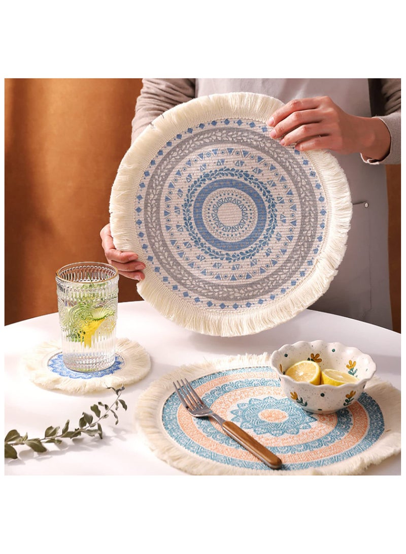 SYOSI 4 قطع مواد مائدة دائرية، حصائر طاولة، حصائر قطنية، حصائر قابلة للغسل مصنوعة من نسج، حصائر دائرية مقاومة للحرارة بتصميم بوهيمي مع خيوط للزينة لتزيين المنزل في المطبخ، تناول الطعام، حفلات الزفاف ومزارع - Image 5