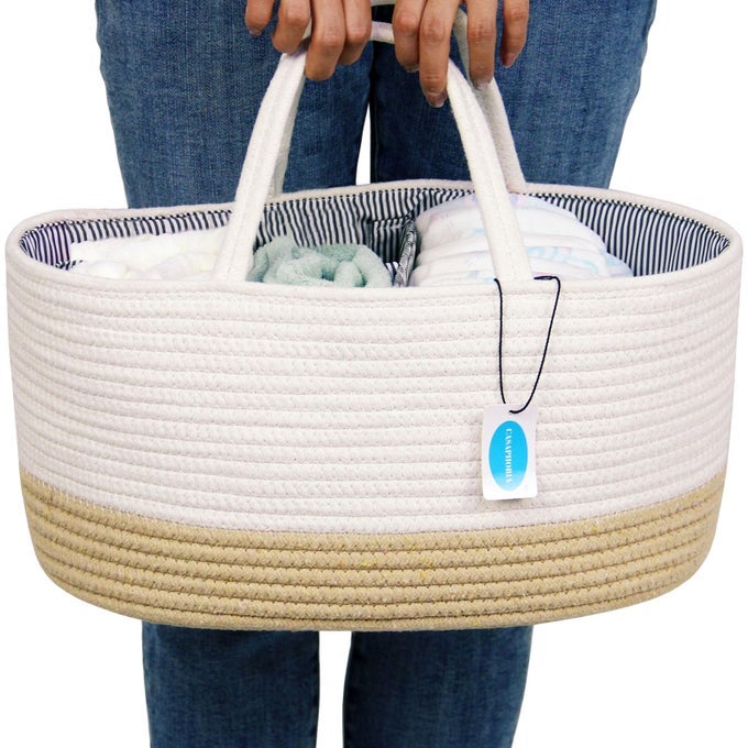 CADDY ORGANIZE WOVEN COTTON ROPE BASKET CADDY WITH REMOVABLE INSERTS TOWELS PORTABLE SOFT BASKETS WHITE AND YELLOW