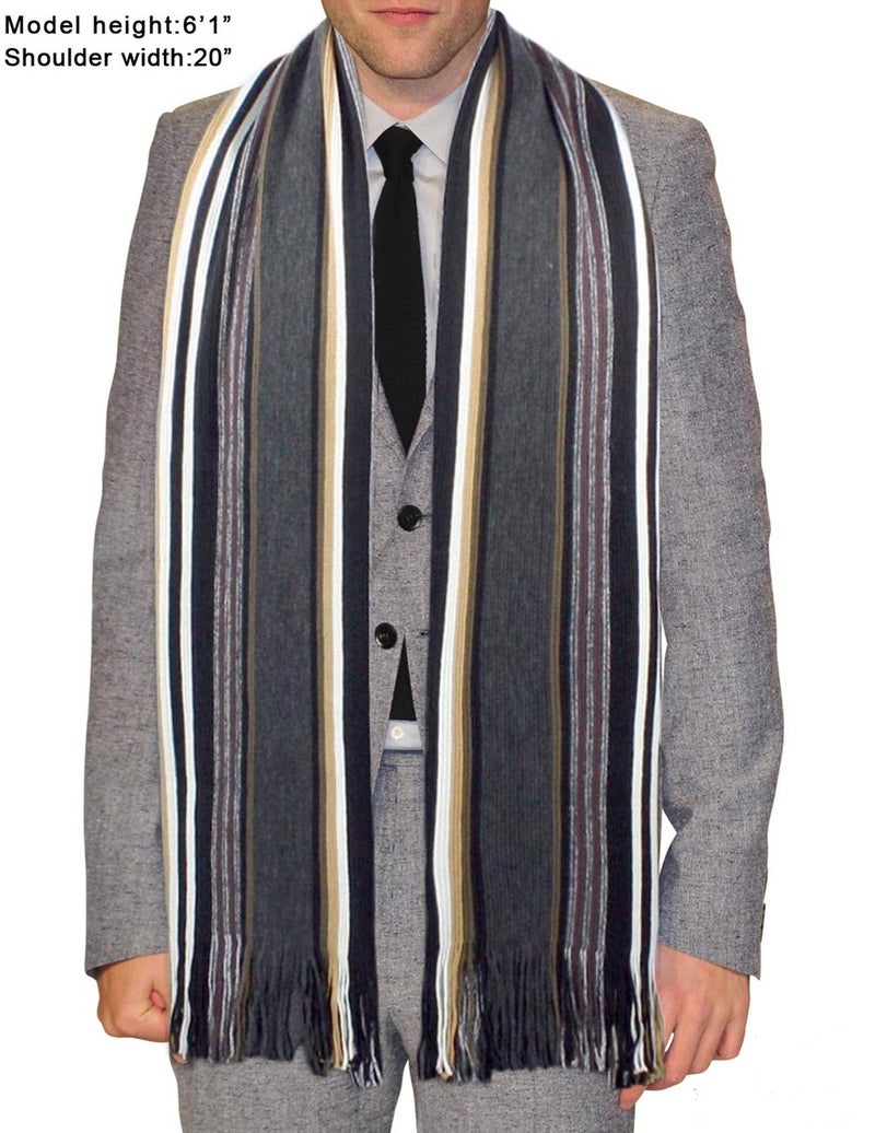 Dahlia Mens Winter Scarf - Synthetic Wool, Extra Long & Warm, Striped, Tan - Image 4