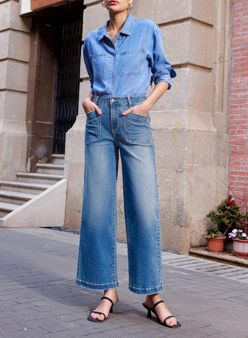 Sidefeel Women's Wide Leg Jeans High Waisted Straight Leg Stretchy Jeans Trendy Loose Zimbaplatinum Ankle Denim Pants Sky Blue Size 10 - Image 3