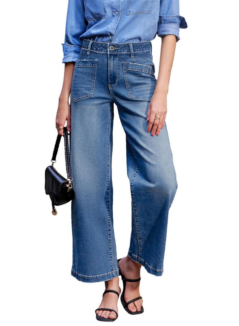 Sidefeel Women's Wide Leg Jeans High Waisted Straight Leg Stretchy Jeans Trendy Loose Zimbaplatinum Ankle Denim Pants Sky Blue Size 10 - Image 1