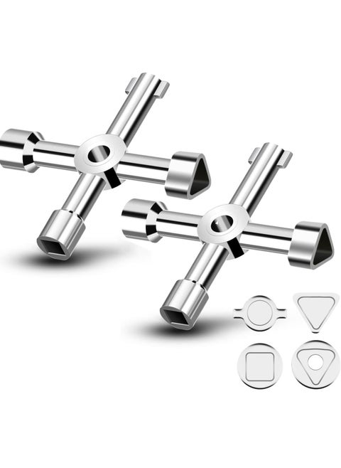 Water Key Tool 4 Way, 2 Pack Universal 4 Way Multi Functional Utilities Key, Meter Box Key Gas Key Meter Key, Service Cross Key for Electric Water Gas Meter Box Cupboard Cabinet Opening Key(Silver)