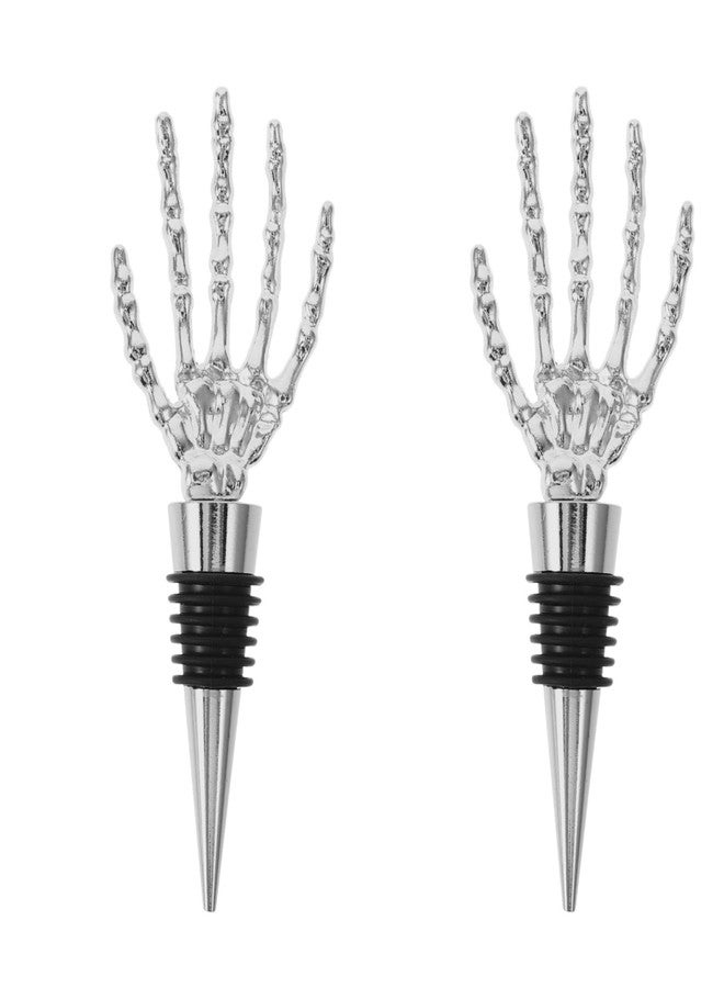 جارنيك سدادة زجاجة نبيذ من قطعتين من جارنيك، فضية اللون، على شكل يد هيكل عظمي، سدادة زجاجة مزخرفة مصنوعة من سبيكة معدنية على شكل يد هيكل عظمي، مناسبة لزجاجات النبيذ والمشروبات، هدايا حفلات الهالوين - Image 1