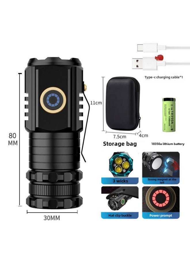 TikTok Explosions Outdoor Strong Light Flashlight Super Bright Charging Small Steel Cannon Multifunctional Cap Clip Mini Monster Flashlight-Color:S350 (18350a + Data Cable Storage Bag)  - Image 1