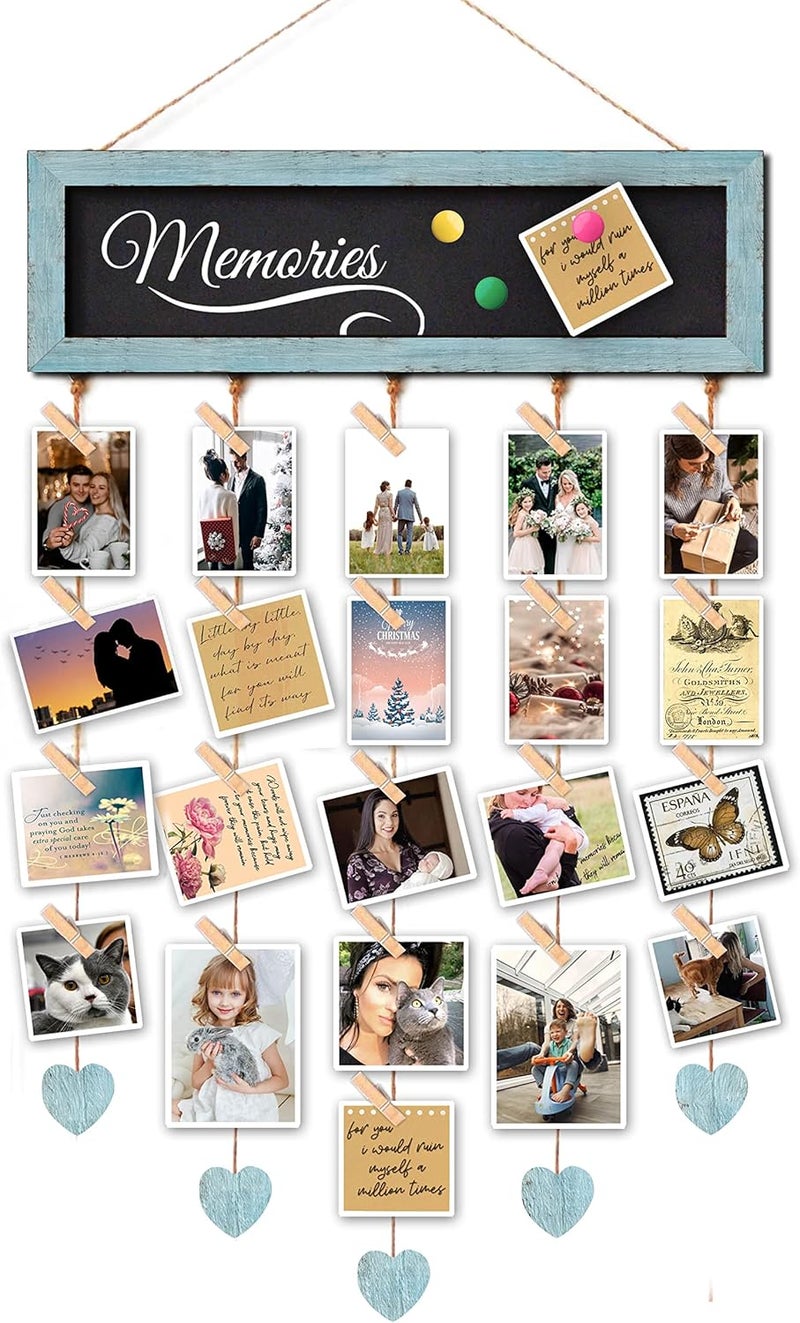 EXQUIDECA Picture Frames Collage Display Board with 30 Clips - Multi Photos Cards Organizer with Adjustable Twines and Magnetic Blackboard - DIY Wall Decor Hanging Picture Holder 15.7x5 Inches - Image 1