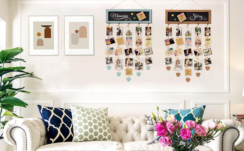 EXQUIDECA Picture Frames Collage Display Board with 30 Clips - Multi Photos Cards Organizer with Adjustable Twines and Magnetic Blackboard - DIY Wall Decor Hanging Picture Holder 15.7x5 Inches - Image 4