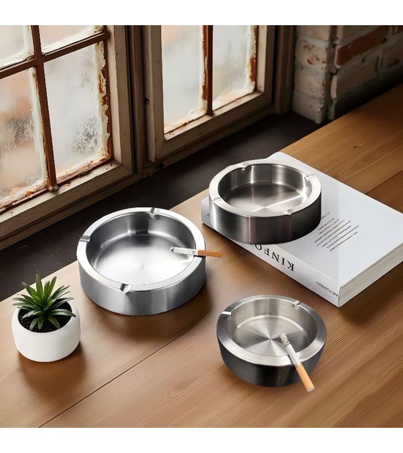 Silvery Heavy Duty Stainless Steel Ashtray Size S Anti Slip Base Large Capacity Portable - Image 2