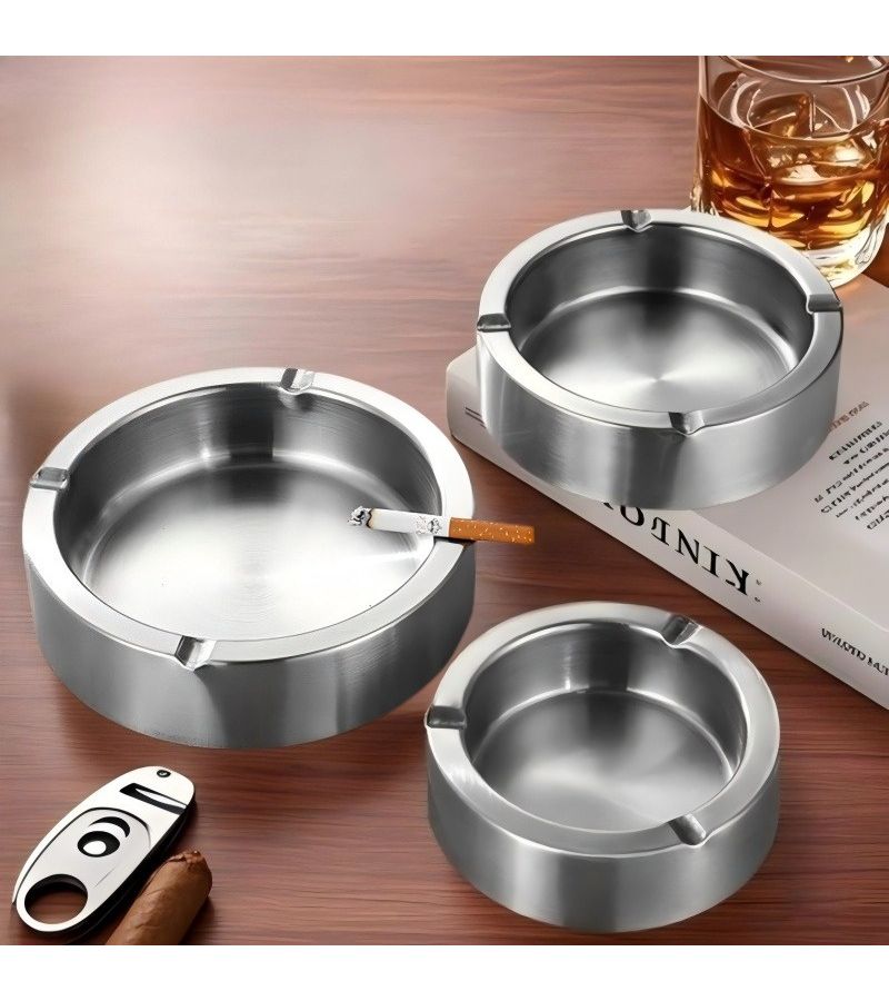 Silvery Heavy Duty Stainless Steel Ashtray Size S Anti Slip Base Large Capacity Portable - Image 1
