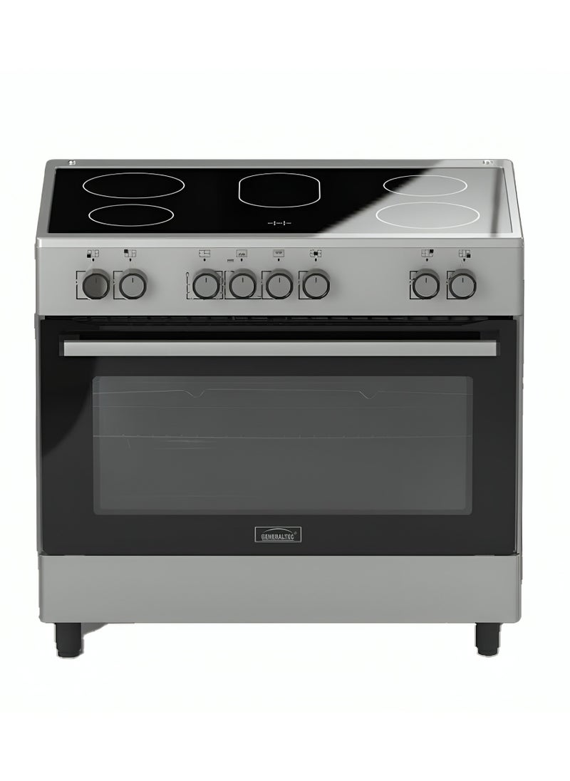 GENERALTEC Generaltec 90x60 Electric Cooker 5 Burners Ceramic Top With Oven Made In Turkey Silver with Turbo Fan, Model GCVT960CMT-1 Year Full Warranty 