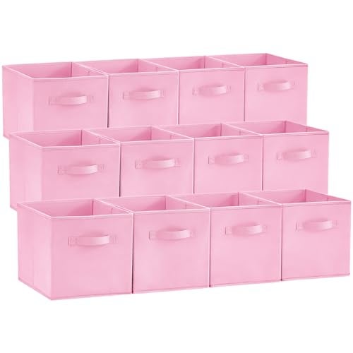 Lifewit 12 Packs Storage Cubes, 11 Inch Cube Storage Bins, Foldable Decorative Fabric Storage Baskets for Organizing Home Organizers with Handles for Shelves, Closet,Pink - Image 1
