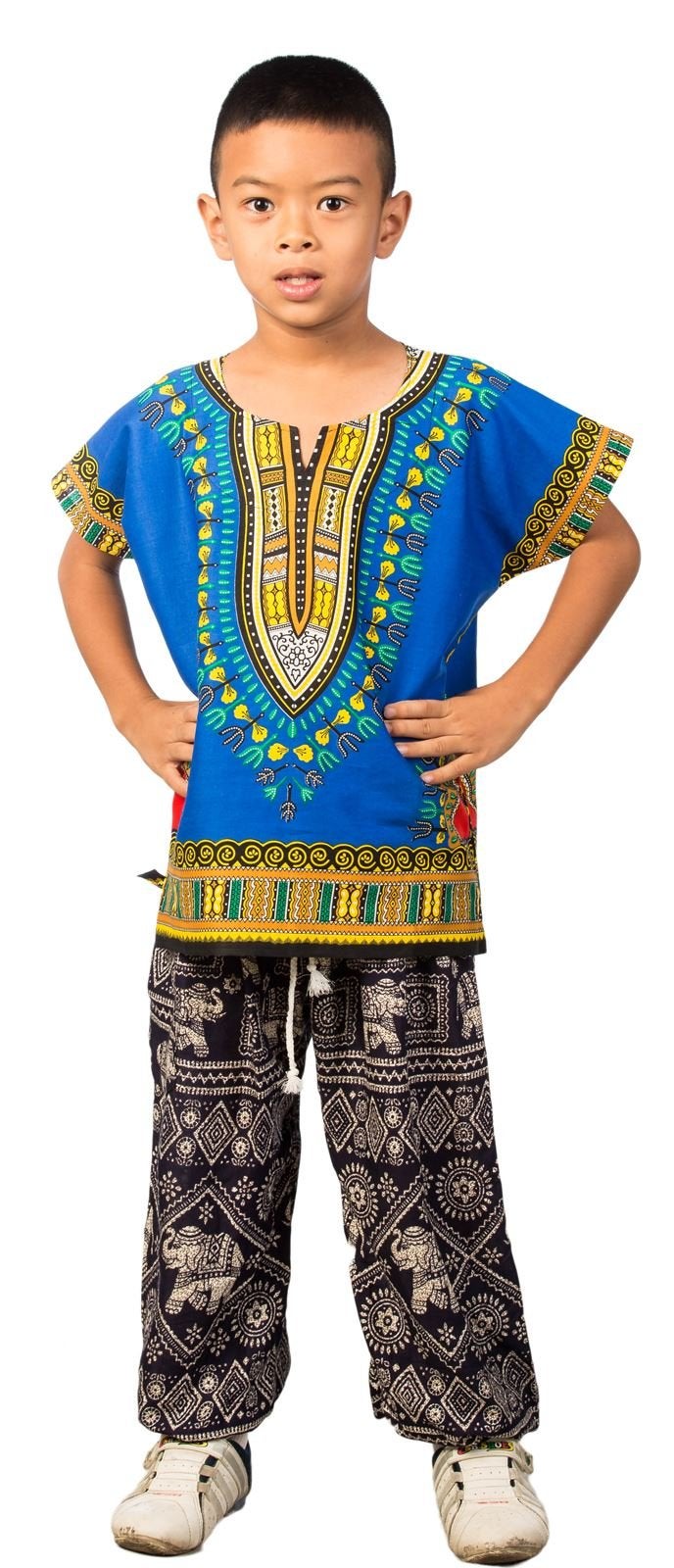 LOFBAZ African Dashiki Shirt for Kids Girls Boys Unisex Clothes Print T-Shirts Little Baby Toddler Dress Up Clothing Blue 4-5Y - Image 1