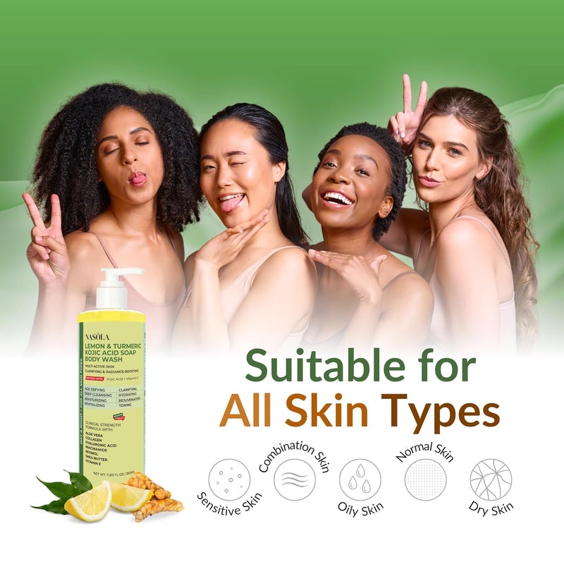 Nasola Lemon Turmeric Kojic Acid Soap Body Wash Natural Gentle Face Skin Cleanser with Vitamin C Shea Butter Collagen Niacinamide Hyaluronic Acid and Aloe Vera 1183 Fl Oz - Image 5