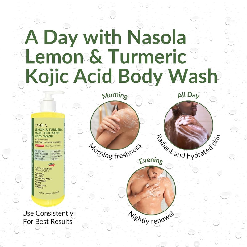 Nasola Lemon Turmeric Kojic Acid Soap Body Wash Natural Gentle Face Skin Cleanser with Vitamin C Shea Butter Collagen Niacinamide Hyaluronic Acid and Aloe Vera 1183 Fl Oz - Image 4