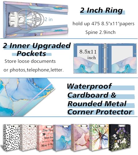 BVSSX 2 Inch 3 Ring Binder Organizer with Clipboard, 5-Tab Pockets Dividers, Transparent Folder, 18 Divider Stikers, BVSSX Decorative Three Ring Binder with Pen Loop, Elastic Strap (Blue Marble,Letter Size) - Image 4