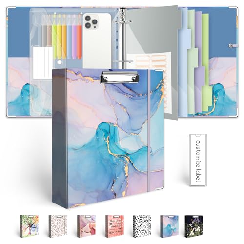 BVSSX 2 Inch 3 Ring Binder Organizer with Clipboard, 5-Tab Pockets Dividers, Transparent Folder, 18 Divider Stikers, BVSSX Decorative Three Ring Binder with Pen Loop, Elastic Strap (Blue Marble,Letter Size) - Image 1