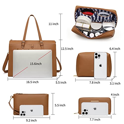Keyli Laptop Bag for Women Large Tote Bag Waterproof PU Leather Laptop Briefcase with Built-in USB Charging Port Computer Shoulder Bags Messenger Fits 15.6 Inch, Business Handbag Purse 4pcs Set Brown - Image 3