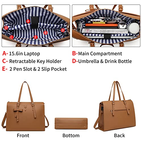 Keyli Laptop Bag for Women Large Tote Bag Waterproof PU Leather Laptop Briefcase with Built-in USB Charging Port Computer Shoulder Bags Messenger Fits 15.6 Inch, Business Handbag Purse 4pcs Set Brown - Image 4
