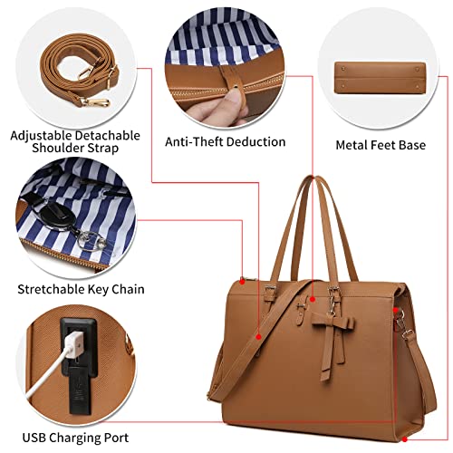 Keyli Laptop Bag for Women Large Tote Bag Waterproof PU Leather Laptop Briefcase with Built-in USB Charging Port Computer Shoulder Bags Messenger Fits 15.6 Inch, Business Handbag Purse 4pcs Set Brown - Image 5