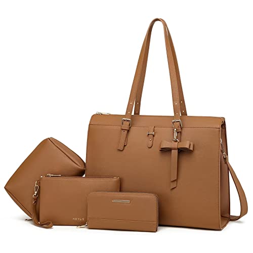 Keyli Laptop Bag for Women Large Tote Bag Waterproof PU Leather Laptop Briefcase with Built-in USB Charging Port Computer Shoulder Bags Messenger Fits 15.6 Inch, Business Handbag Purse 4pcs Set Brown - Image 1