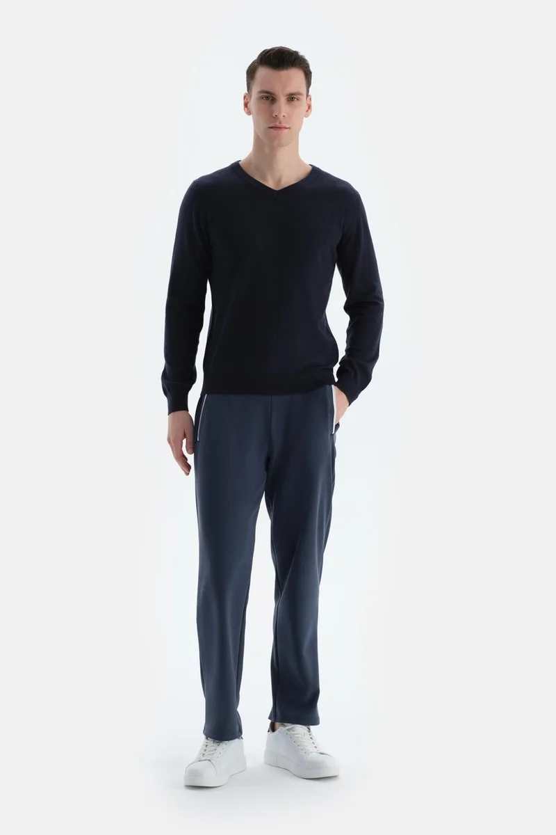 داجي Navy Blue Men's Cashmere Blend V Neck Sweater
