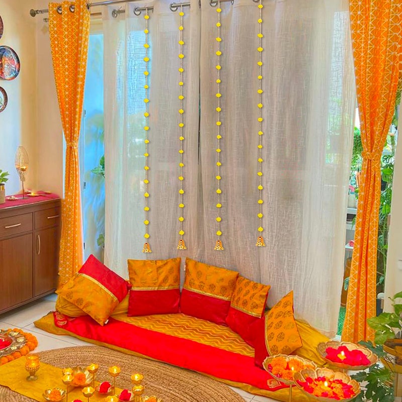 Party Propz Party Propz Yellow Pom Pom Hangings For Decoration with Golden Bell 4 pcs 60 Rajasthani Wall Hangings Decorative Items Haldi Decor Makar Sankranti Decoration Items Lohri Decor Pongal Decoration  - Image 5