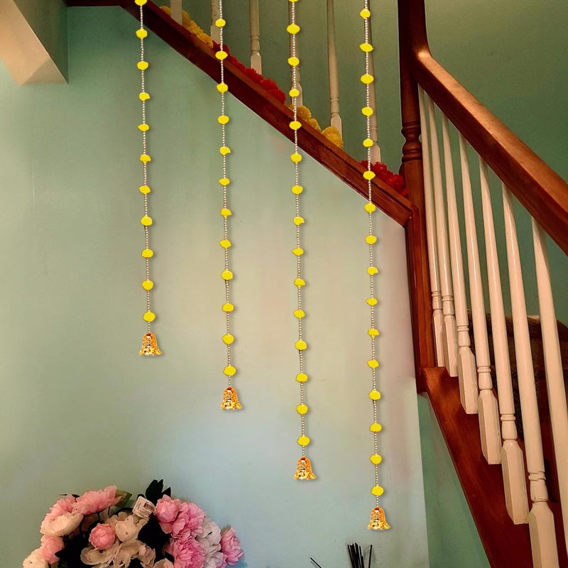 Party Propz Party Propz Yellow Pom Pom Hangings For Decoration with Golden Bell 4 pcs 60 Rajasthani Wall Hangings Decorative Items Haldi Decor Makar Sankranti Decoration Items Lohri Decor Pongal Decoration  - Image 4