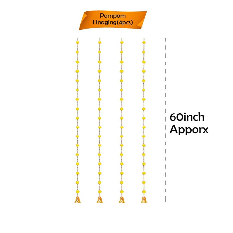 Party Propz Party Propz Yellow Pom Pom Hangings For Decoration with Golden Bell 4 pcs 60 Rajasthani Wall Hangings Decorative Items Haldi Decor Makar Sankranti Decoration Items Lohri Decor Pongal Decoration  - Image 2