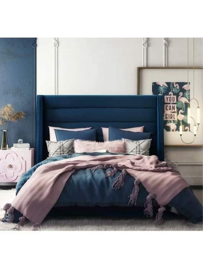 Homzmart Swedish wood and Velvet Queen Bed 195x140x125 cm - Blue  - Image 1