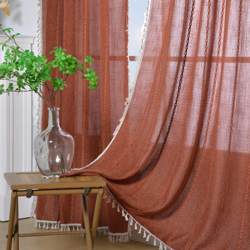 Schweek Terracotta Boho Curtains 84 Inch Length Burnt Orange Farmhouse Curtains for Living Room 2 Panels, Linen Bohemian Tassel Rust Rustic Curtain Drapes - Image 1