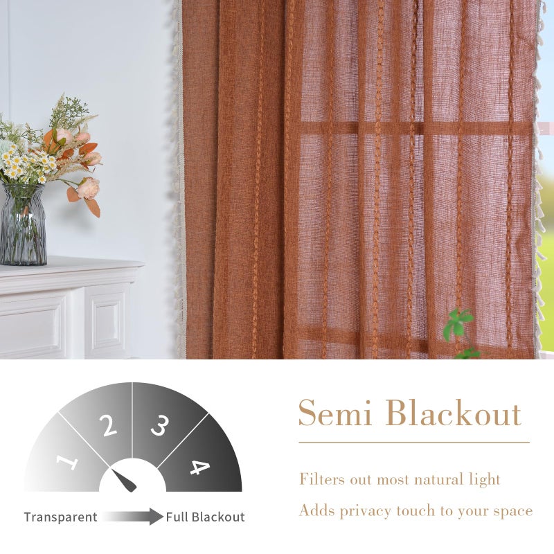 Schweek Terracotta Boho Curtains 84 Inch Length Burnt Orange Farmhouse Curtains for Living Room 2 Panels, Linen Bohemian Tassel Rust Rustic Curtain Drapes - Image 3