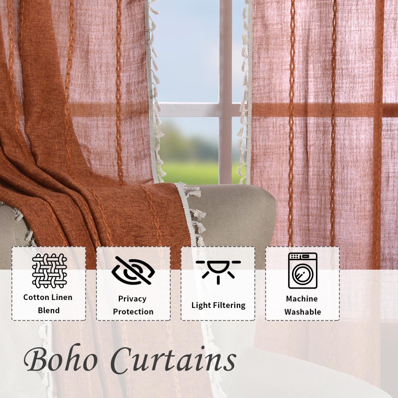 Schweek Terracotta Boho Curtains 84 Inch Length Burnt Orange Farmhouse Curtains for Living Room 2 Panels, Linen Bohemian Tassel Rust Rustic Curtain Drapes - Image 4