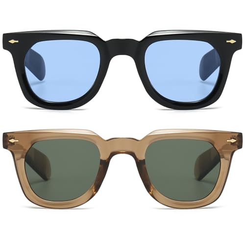 PORADAY Square Sunglasses for Women Men Trendy Thick Frame Sun Glasses Black Shades (Brown/G15+Black/Blue) - Image 1
