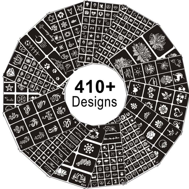 BULEFSEA Temporary Tattoo Stencils for Women Girls and Kids 410 PCS Henna Tattoo Stencil KitTemporary Indian Arabian Glitter Airbrush Tattoo Stencils for Face Body Paint DIY