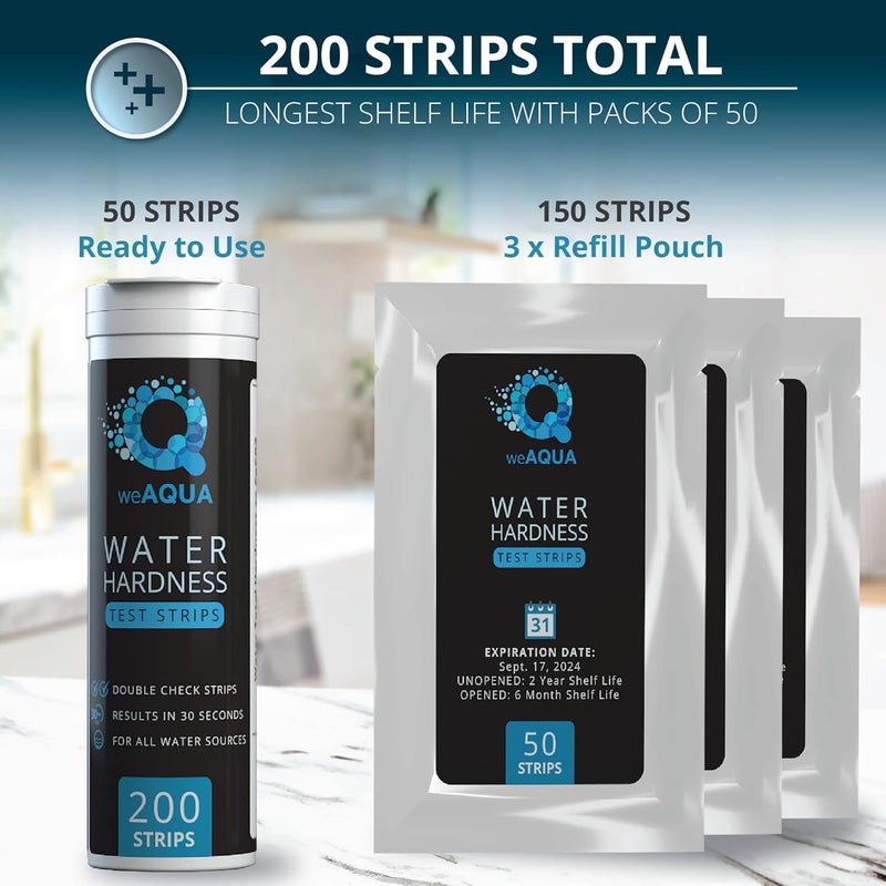 WEAQUA مجموعة اختبار صلابة الماء DoubleCheck 200 شريط مع كوب عينة - شرائط اختبار الماء العسر (0-25 gpg / 0-425 ppm) - Image 3
