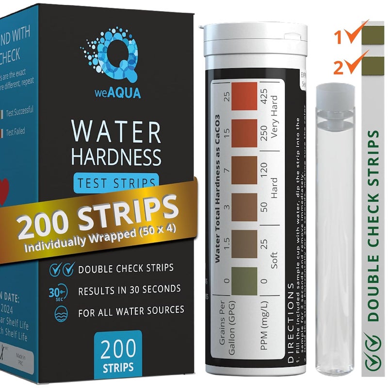 WEAQUA مجموعة اختبار صلابة الماء DoubleCheck 200 شريط مع كوب عينة - شرائط اختبار الماء العسر (0-25 gpg / 0-425 ppm) - Image 1