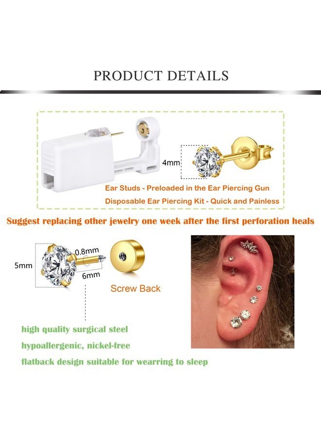 AVYRING طقم ثقب الأذن مسدس ثقب الأذن الذهبي مع أقراط زيركون 4 مم أقراط بدون خيوط ظهر مسطح أقراط ثقب ذاتي طقم مسدس ثقب الأذن طقم ثقب الأذن القابل للاستخدام مرة واحدة في المنزل - Image 2
