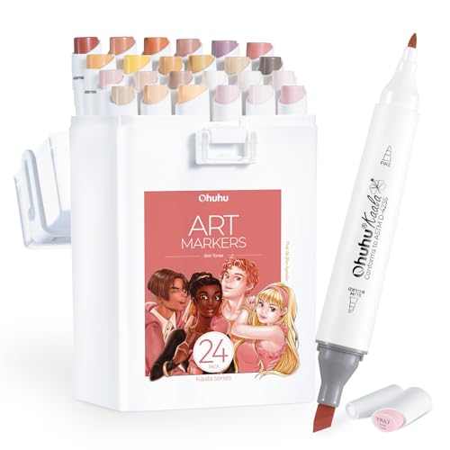 Ohuhu Alcohol Markers Skin Tone Marker Slim Broad and Fine Double Tipped Alcohol-based Marker Set for Artists Adults Coloring Professional Illustration, 24 Portrait Colors Kaala Markers Refillable - Image 1