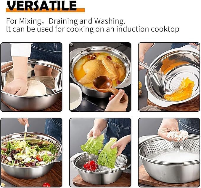 Gyanadh Stainless Steel Round Colander Fine Mesh Food Basket Rice Pasta Noodles Spaghetti Vegetables Metal Kitchen Cooking Washing Fruit Bowl Tool Easy Clean Dish Drainer - Image 5