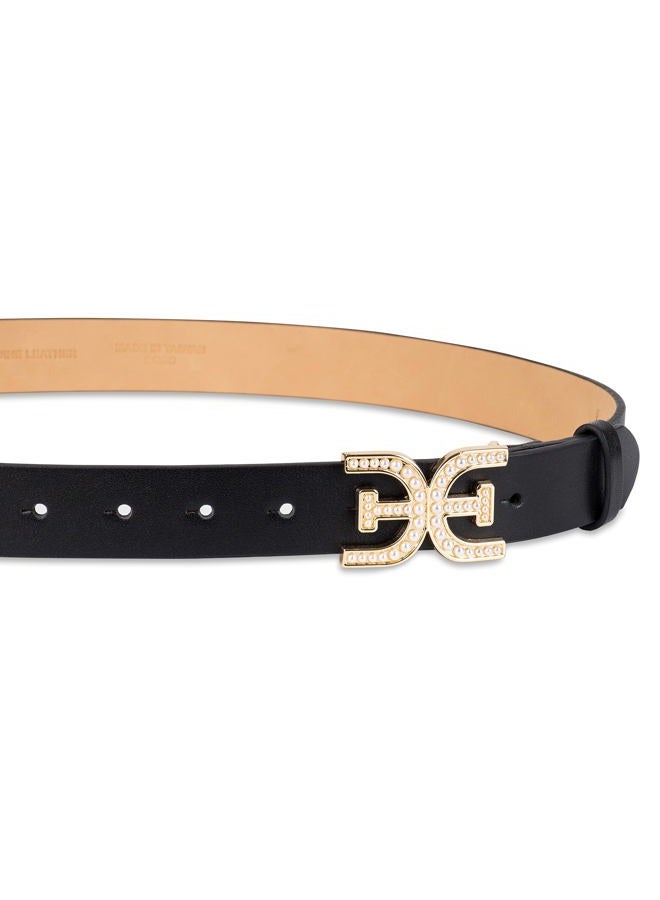 Sam Edelman Accessories Women's Pearl Embellished Double-e Plaque Buckle Belt, Black Pearl Logo, M - Image 4