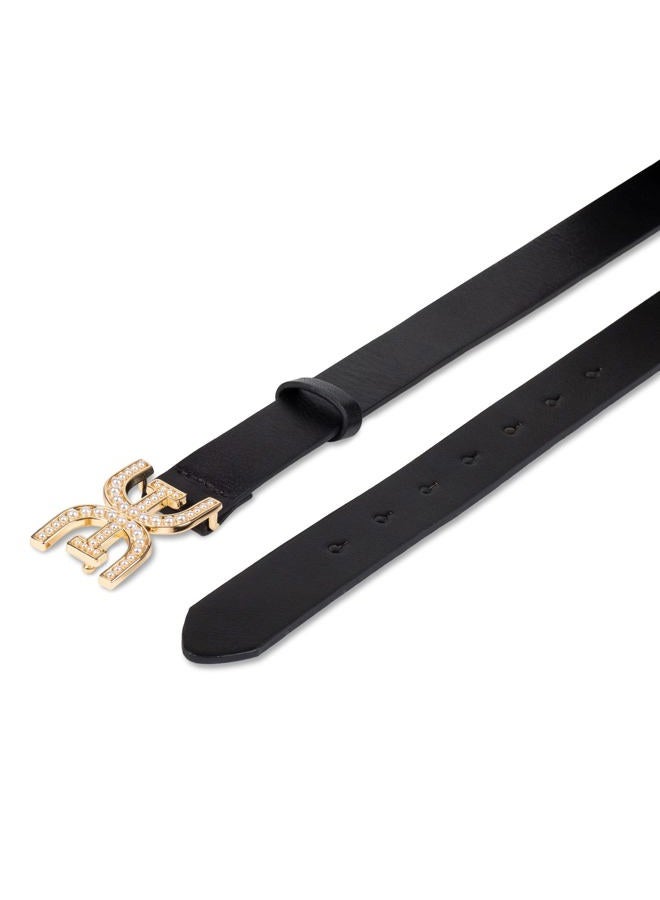 Sam Edelman Accessories Women's Pearl Embellished Double-e Plaque Buckle Belt, Black Pearl Logo, M - Image 5