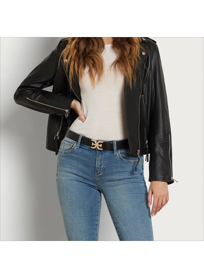 Sam Edelman Accessories Women's Pearl Embellished Double-e Plaque Buckle Belt, Black Pearl Logo, M - Image 2