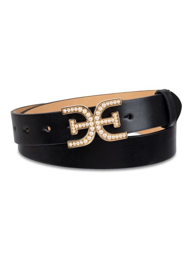 Sam Edelman Accessories Women's Pearl Embellished Double-e Plaque Buckle Belt, Black Pearl Logo, M - Image 1