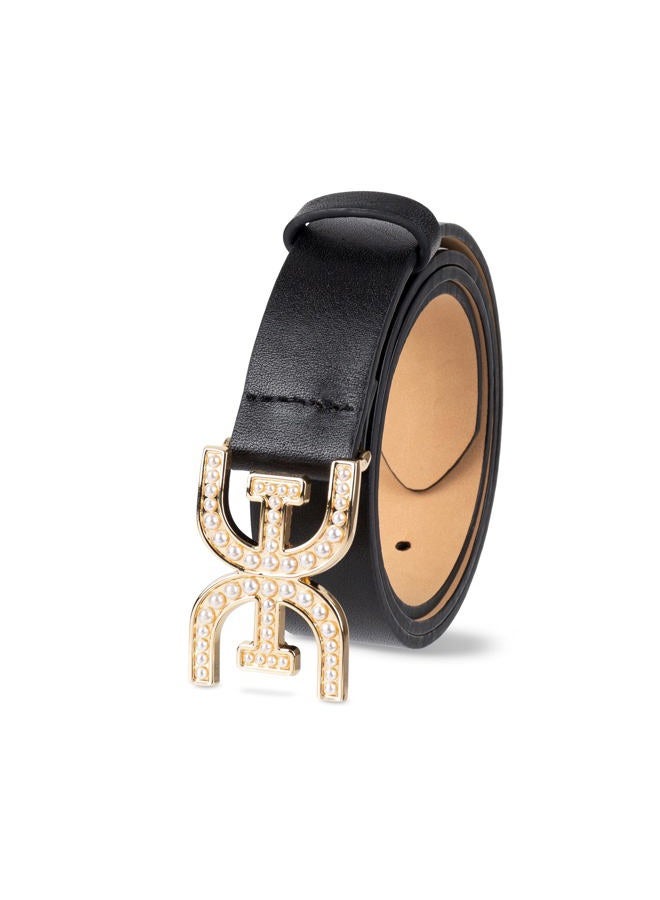 Sam Edelman Accessories Women's Pearl Embellished Double-e Plaque Buckle Belt, Black Pearl Logo, M - Image 3