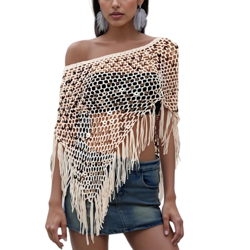 Argeousgor Women Sheer Poncho Top Lightweight Knit Crochet Shrug Bolero Mesh Batwing Sleeve Sweater Cover Up Beachwear - Image 1