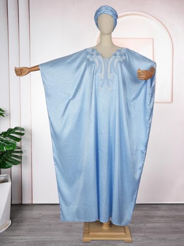 HD African EmroideryRhinestone Kaftan Dress for Women Blue Casual Maxi One Size Gown with Inner Adjustable Belt - Image 3