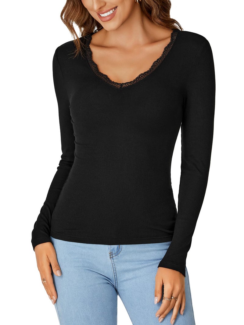 LYANER Women's Long Sleeve Shirts Lace V Neck Basic Casual Ribbed Knit Tops Fall Cute Fashion Winter Clothing Black Medium - Image 3