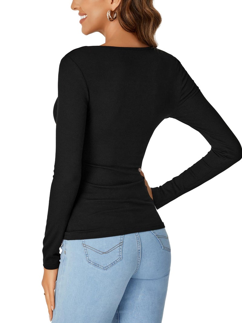 LYANER Women's Long Sleeve Shirts Lace V Neck Basic Casual Ribbed Knit Tops Fall Cute Fashion Winter Clothing Black Medium - Image 5