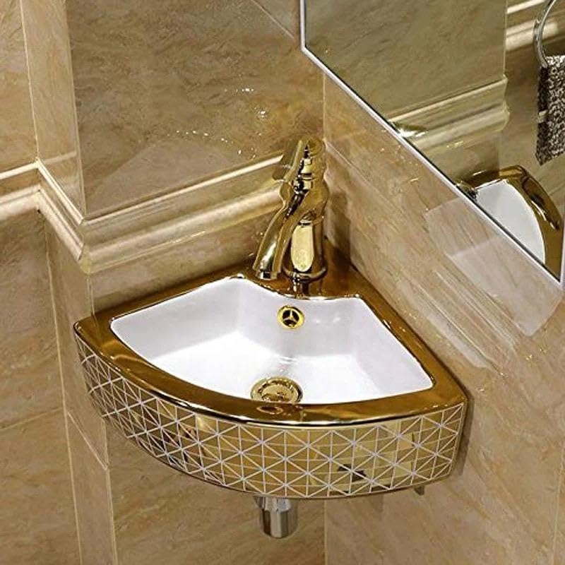 Nexa Bathware corner Ceramic Wall Hung Basin Luxurious Wash basin Table Top Bathroom Sink Wash Basin GOLD Colour With Glossy Finishing 185 x 13 x 5 INCH GC095 - Image 1