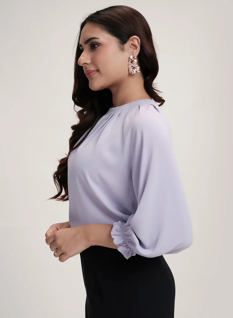 Zigzag Neck Detailed Chiiffon Long Sleeve Top